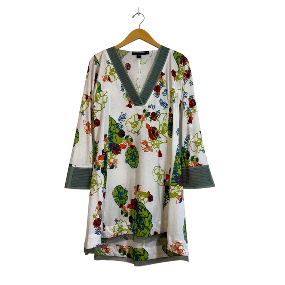 Little‎ Journeys Chicago Cotton Tunic Dress LG V Neck  Embroidered Cuffs Floral